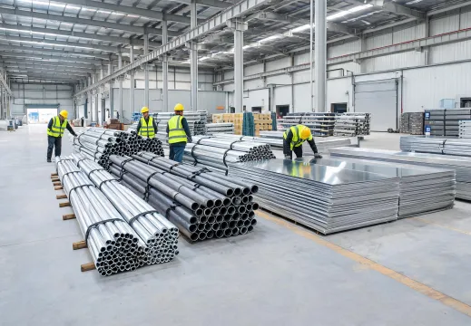 Warehouse logistics team staging metal bundles