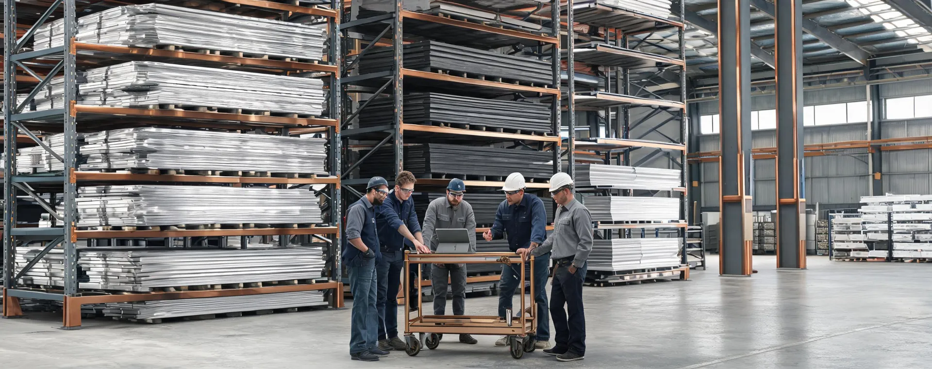 Metal service center team reviewing stock and order data