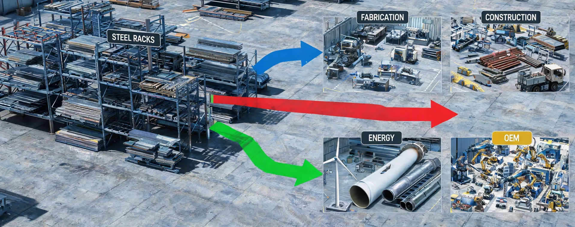 Industrial market map with metal inventory and fabrication routes